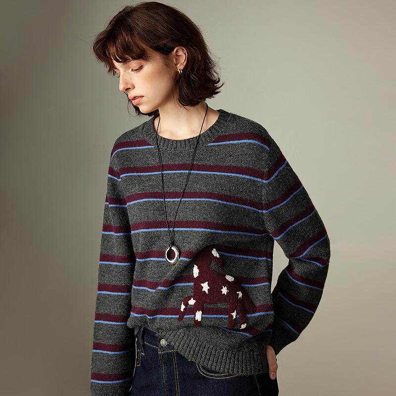 Women's Retro Striped Embroidered Round Neck Sweater