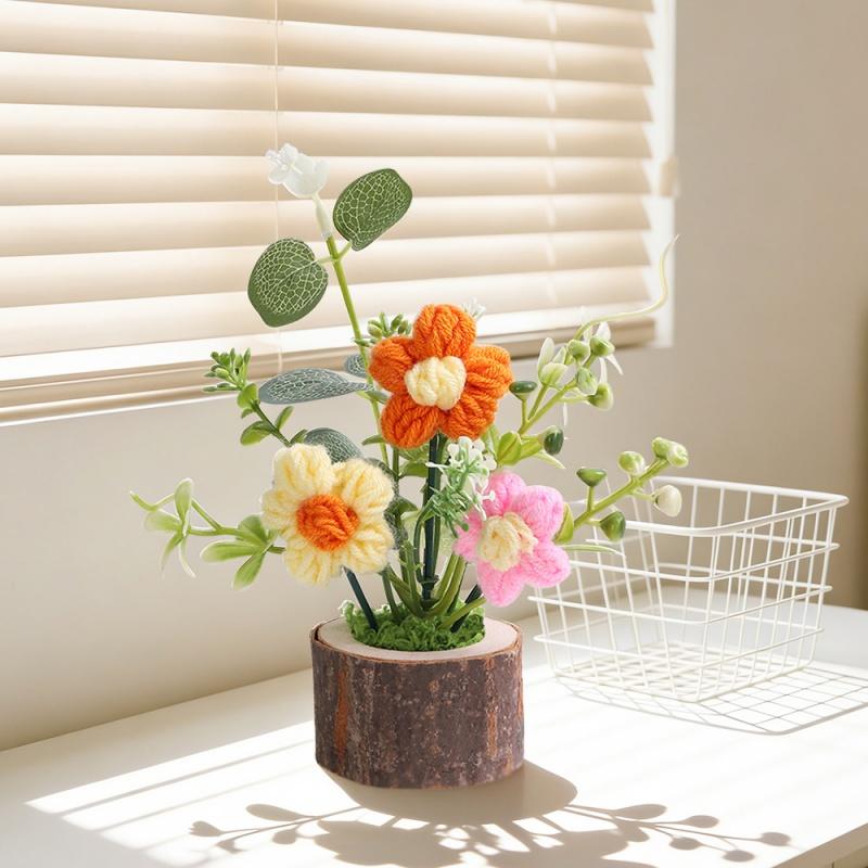 Office Potted Plants Knitted Rose Bouquet Artificial Flower Valentine's Day Party Home Decoration Anniversary Gift Wedding Decor