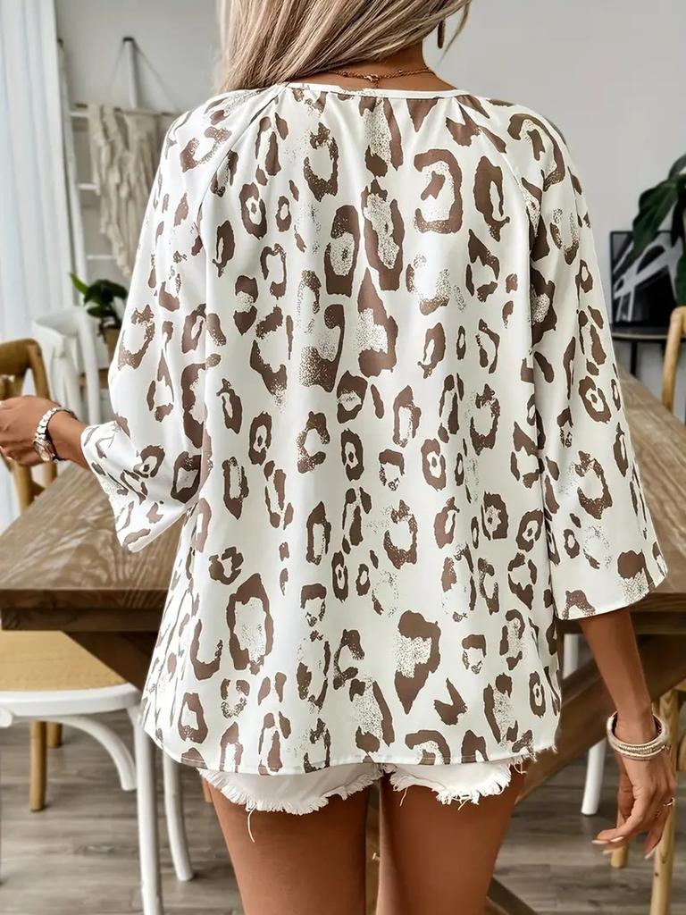Spring Summer Women's Elegant Commute Top Beige Leopard Print V-Neck Ruffled 7/8 Sleeve Shirt