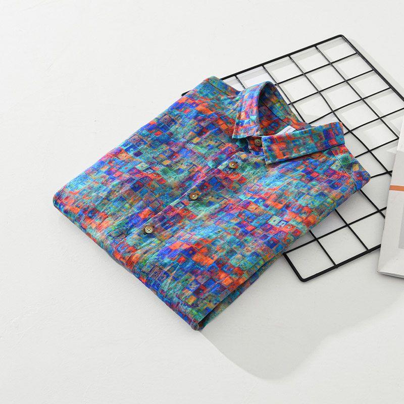 High-End Printed Short-Sleeve Linen Shirt for Men, Summer Trendy Casual Cotton-Linen Top for Young Artistic Individuals