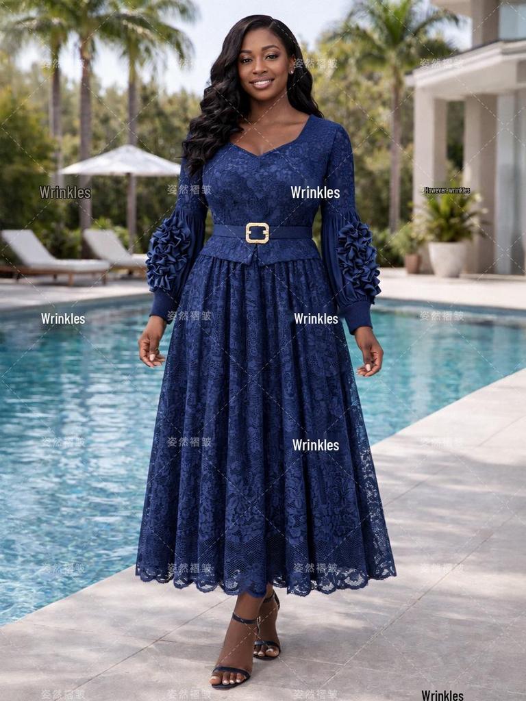 Elegant European & American Lace Hollow Long Party Dress with Wide Hem & Belt (2026)