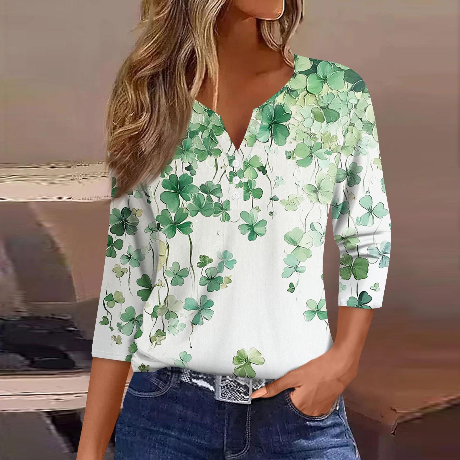 

Женская модная повседневная футболка с v-образным вырезом и семью рукавами, топ на пуговицах с градиентным принтом S зелёный