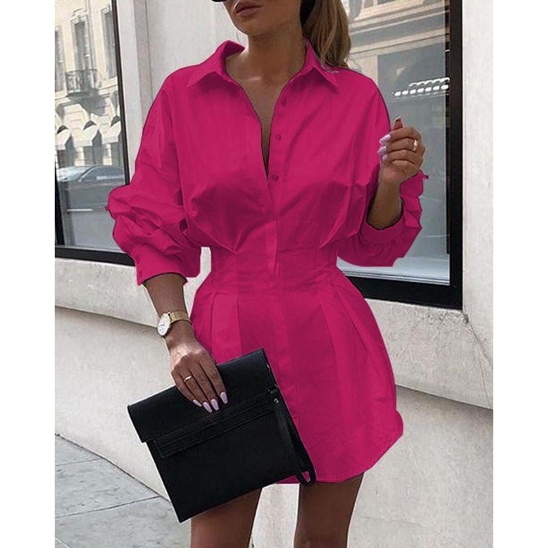 

Casual Pleated Waist Shirt Skirt Women Casual Pleated Fitted Waist Shirt Dress Female Rose Red M