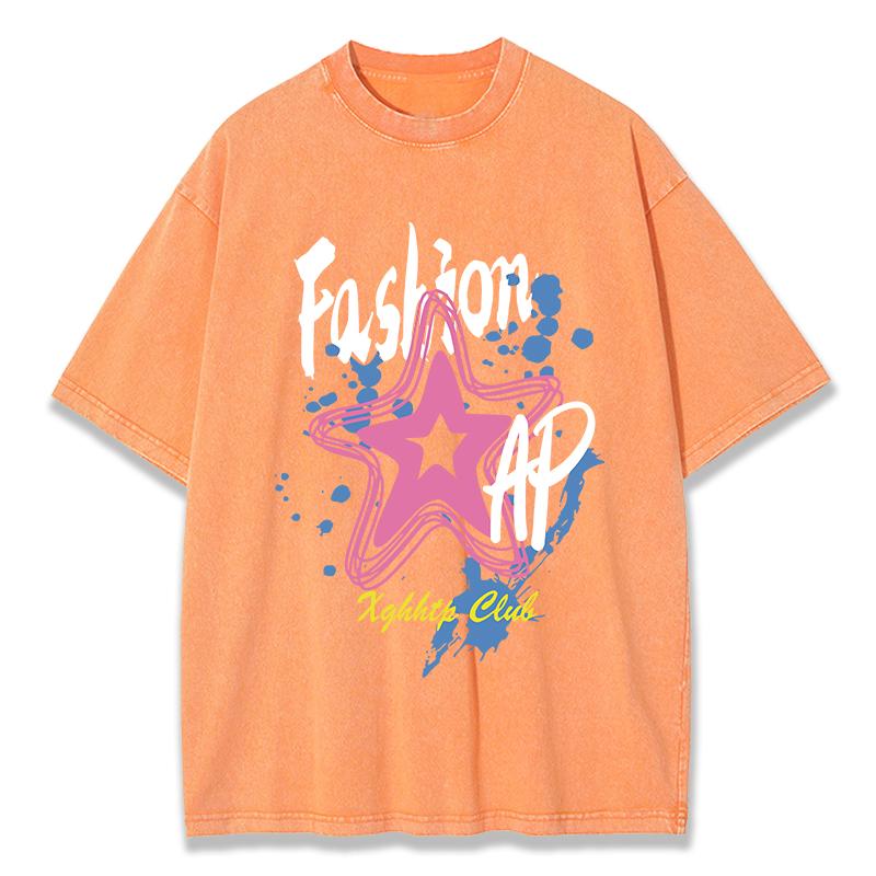 Graffiti Fashion Pentagram Prints Washed TShirt Women Cotton Oversize Tops Comfortable Distressed ONeck T Shirt Summer Clothes