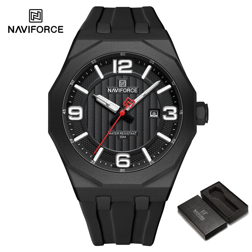 NAVIFORCE Men's Fashion Quartz Watch Polygon Dial Luminous Hands Calendar Silicone Strap 30m Waterproof Casual Men's Boy's Watch NF8079