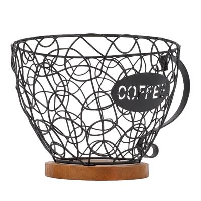 Coffee Pod Holder   Metal Coffee Capsule Storage Basket with Wood Base for Kitchen Countertop