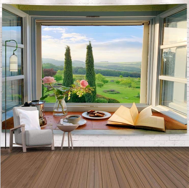 Berglandschaft vor dem Fenster, hängender Wandteppich, Wanddekoration für Zuhause, Büro, Wohnzimmer