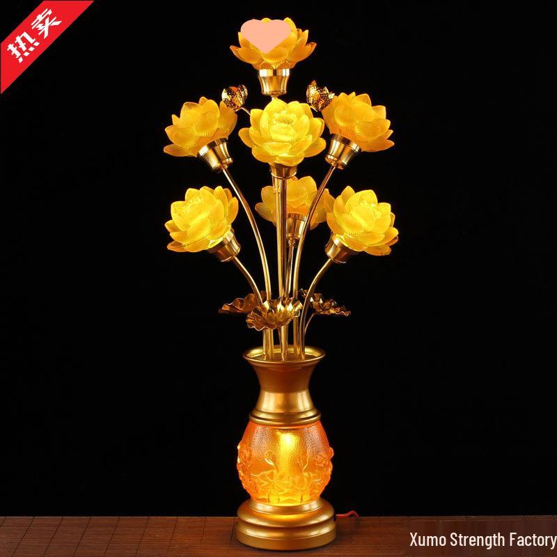 Seven-Color Lotus Lamp for Buddha Offering: Ever-Burning Guanyin Home Decor – Nine Horse Year Edition