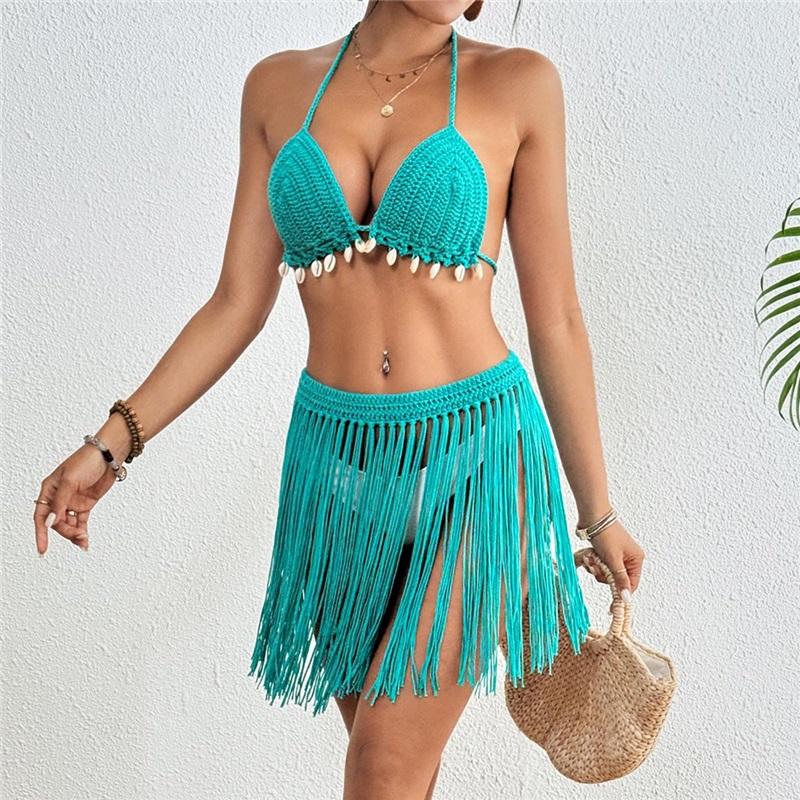 Womens Hand Crocheted Two Piece Bikini Set Shell Patchwork Tie Fringe Skirt Stylish Elegant Beachwear For Summer Vacation