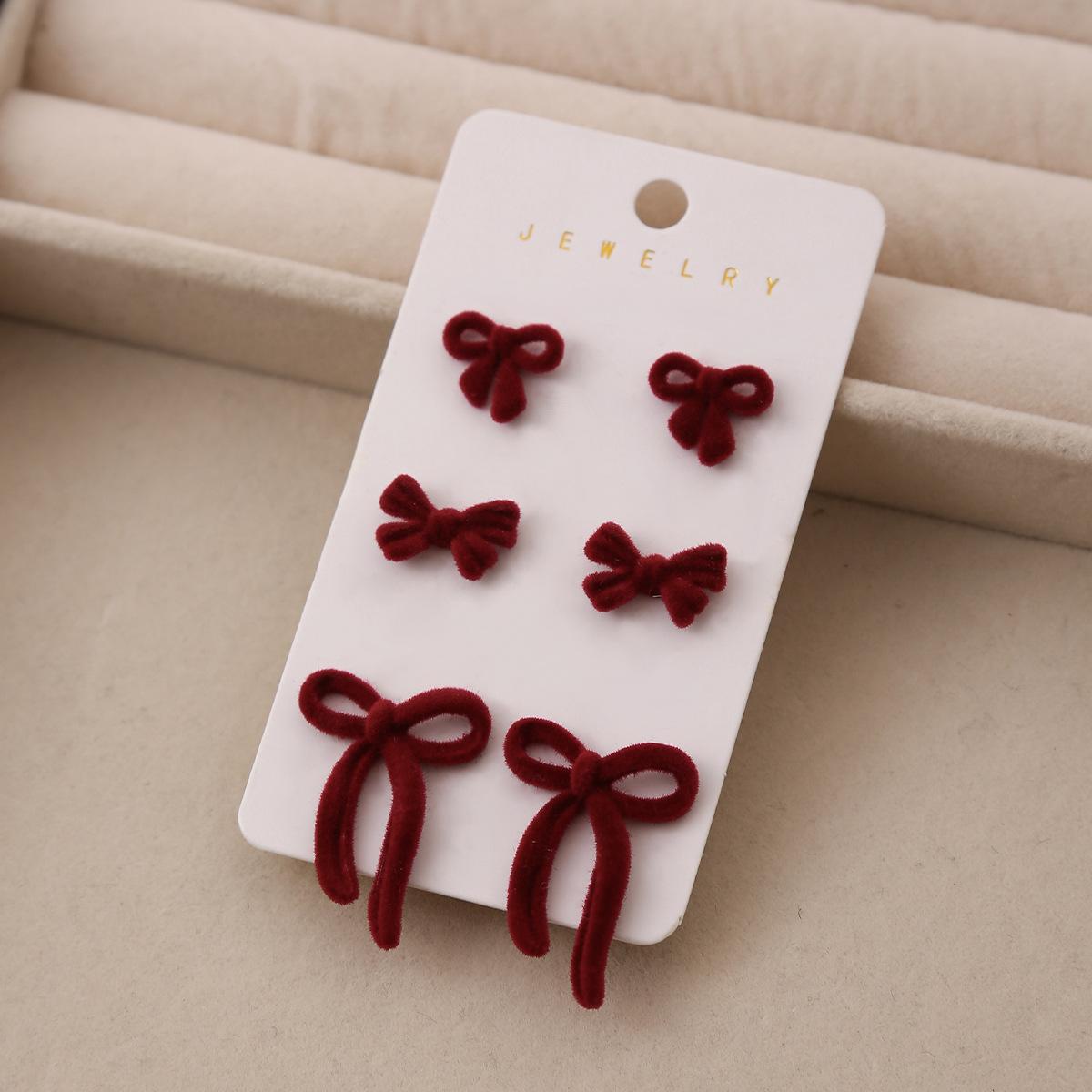 Hot-selling autumn and winter festive retro red flocking bow stud earrings set temperament versatile ear jewelry earrings