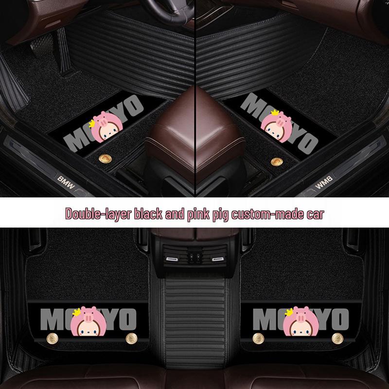 Custom Leather Car Floor Mats for Women - Cartoon Design, Double-Layer, Full Coverage
