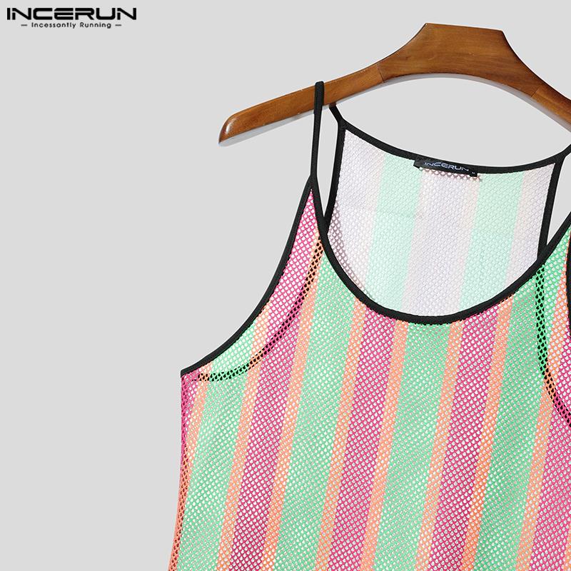 INCERUN Summer Men U Neck Sleeveless Striped Hollow Stitching Tank Tops