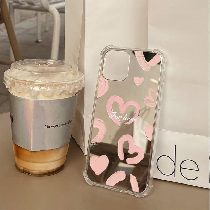 Cute Mirror Face Love Heart Pattern Phone Case For iPhone 16 15 14 13 12 11 Pro Max XS X XR 7 8 Plus Shockproof Girl Back Cover