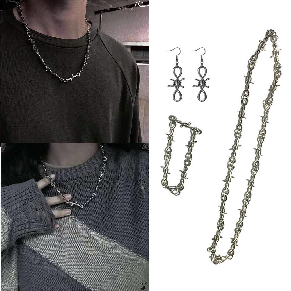 Thorns Choker Necklace Chain Unisex Barbed Metal Alloy Bracelet Earrings Hip Hop Punk Style