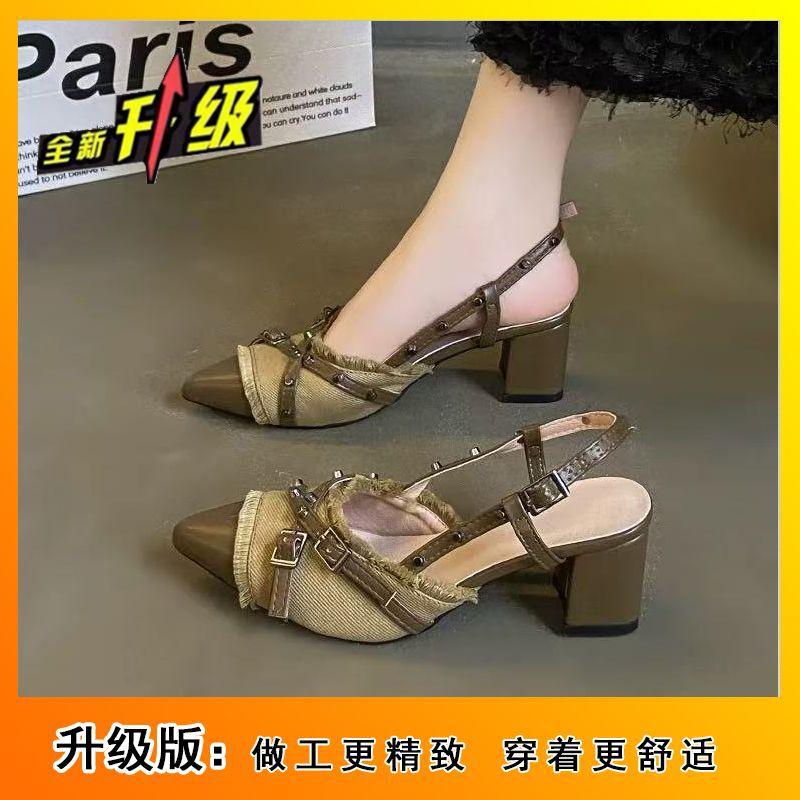 High heels, black temperament bag head sandals, French popular thick heel slippers, design sense single shoes 2025 spring and summer new models