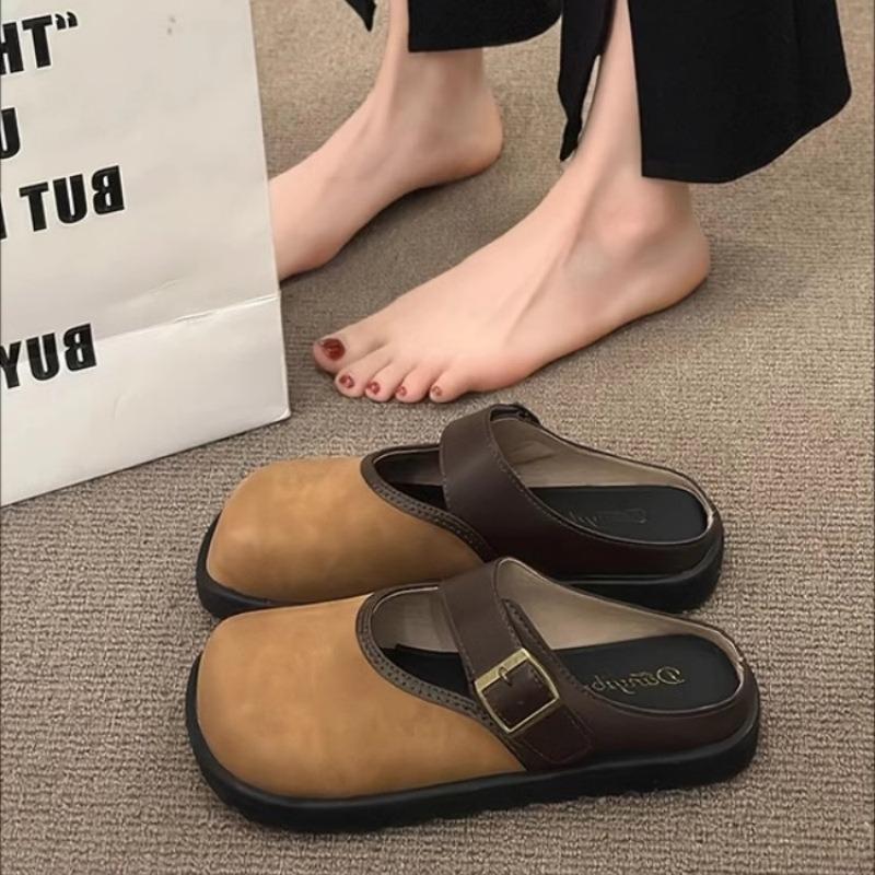 2025 Women Leather Slippers Indoor Slip-on Ladies Mules Shoes Square Toe Beach Slippers With Arch Support Fashion Women Sandals