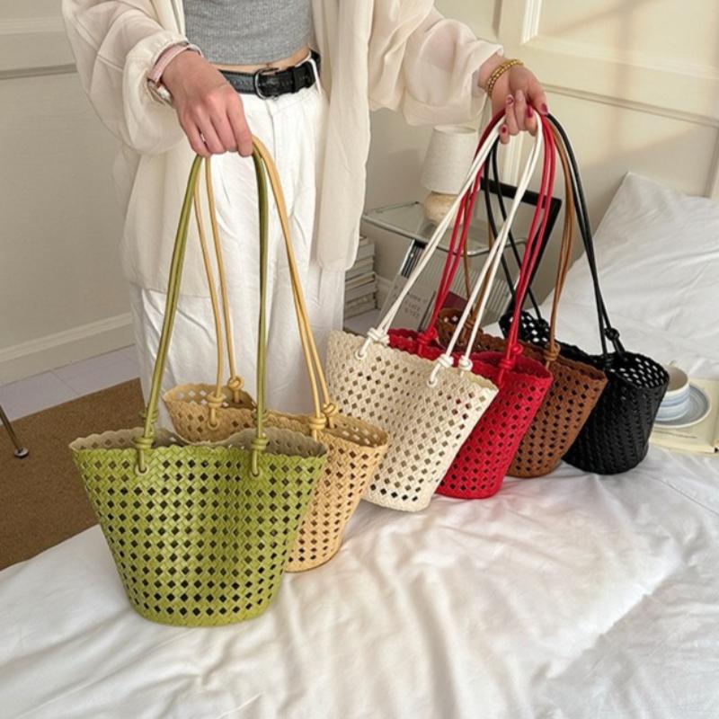 Trendy Versatile Hollow-out Woven Bag Soft Leather Vegetable Basket Bag Handheld Single Shoulder Bucket Bag