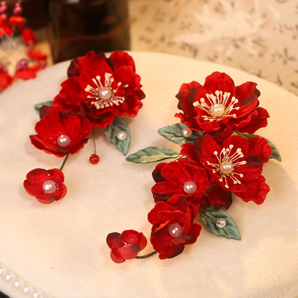Red Hair Clips Chinese Style Alloy with Imitation Pearls Decor for Wedding Festival Hanfu Hairstyle