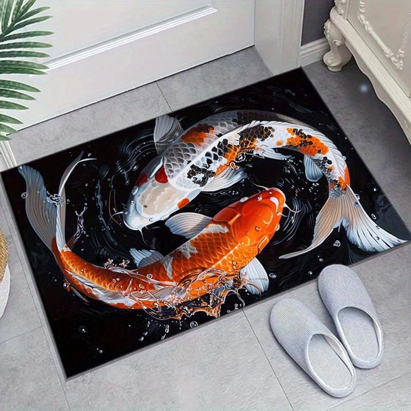 Crystal Velvet Two Different Color Koi Print Carpet for Bedroom, Living Room, Home Decor, Non-Slip Mat, Bedside Rug, Off