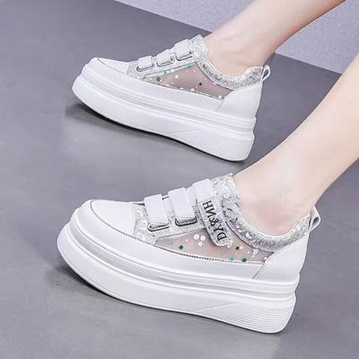 Chaussures à Talonnettes en Cuir Véritable pour Femmes Été Nouvelles Chaussures Blanches à Velcro pour Femmes Baskets Décontractées Respirantes en Maille pour Femmes