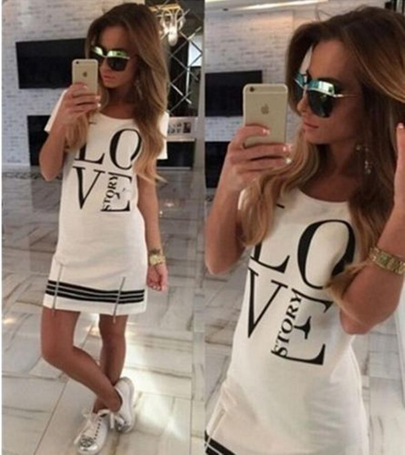 Elegant Sports Women Letter Love Printed Long T-shirt One-piece Casual Dress Zipper
