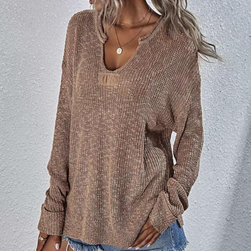 IHUASU Autumn and Winter V-neck Women's Knitted Loose Solid Colour Fashion Pullover Jumper