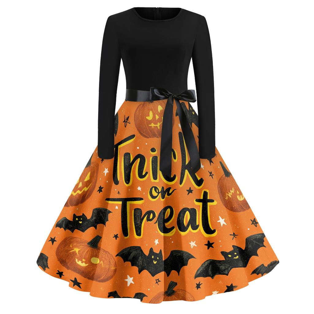 Women's Casual Fashion Round Neck Halloween Printed Vintage Dress