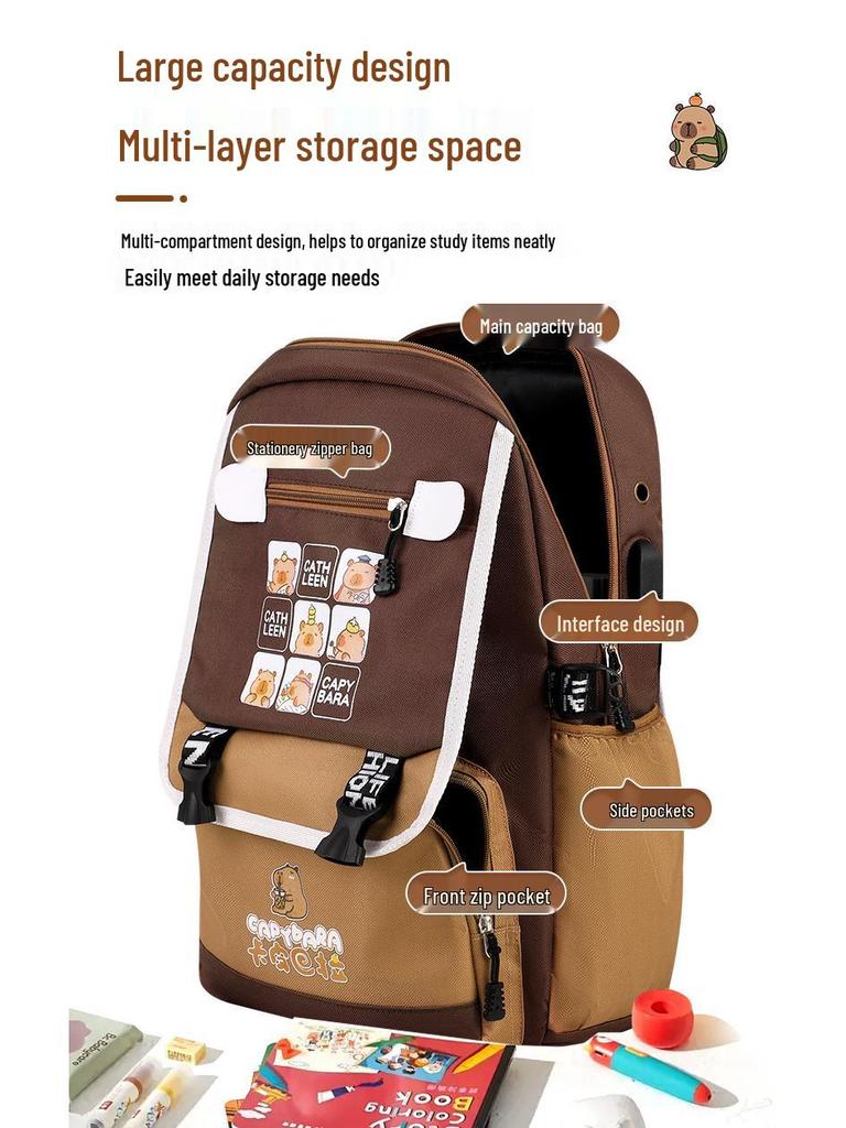 Ryggsäck med stor kapacitet och vattentät kapybara för barn - Lättviktig, ryggskyddande skolväska