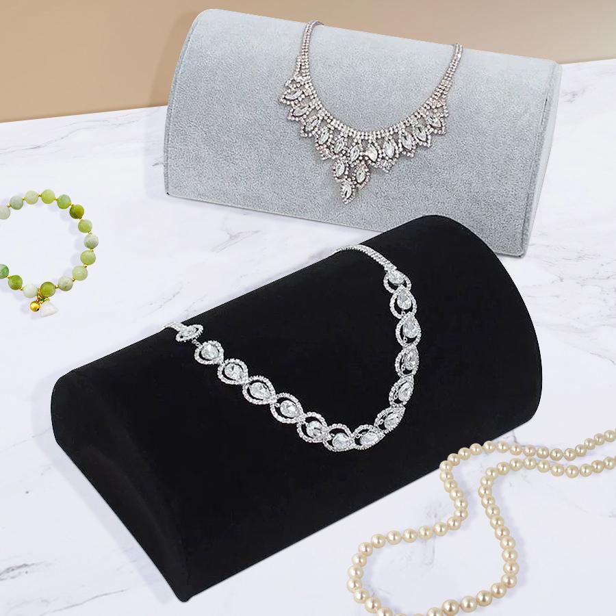 1 piece, flannel half-round pillow necklace display stand, for necklace and bracelet display and storage.