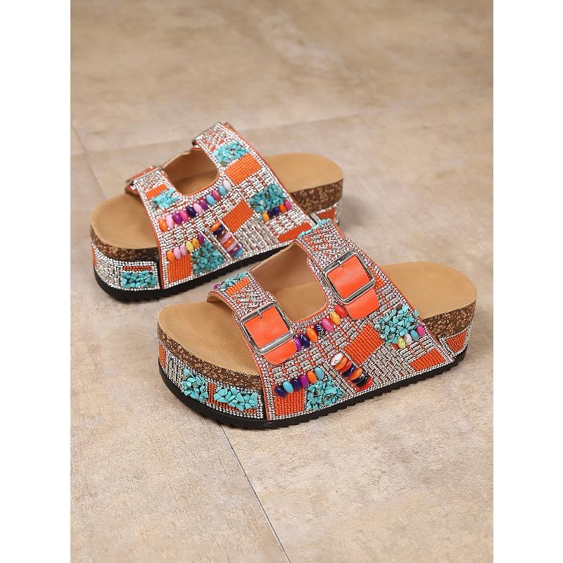 Cork Sandals 2025 Summer New Plus-size Rhinestone Belt Buckle for Women Wearing Platform Slippers