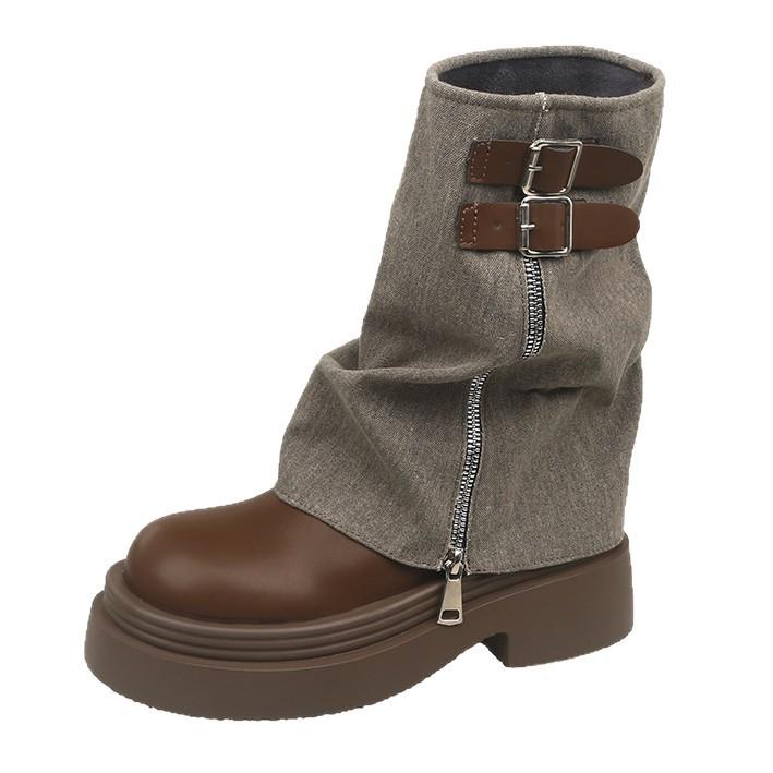 Muffin Bottom Pants Boots Muffin Thick-soled Big-headed Short Boots for Women 2025 Autumn and Winter New Stacking Boots Medium Tube Martin Boots for