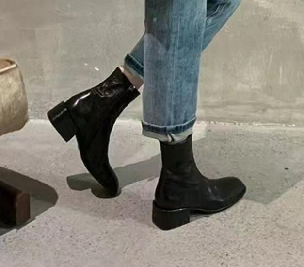 

Виноградная Мама Корейский Стиль Женские Ботильоны Мартин с Квадратным Носком и Массивным Каблуком - Осенне-Зимние Ботильоны из Вымытой Лошадиной Кожи 37