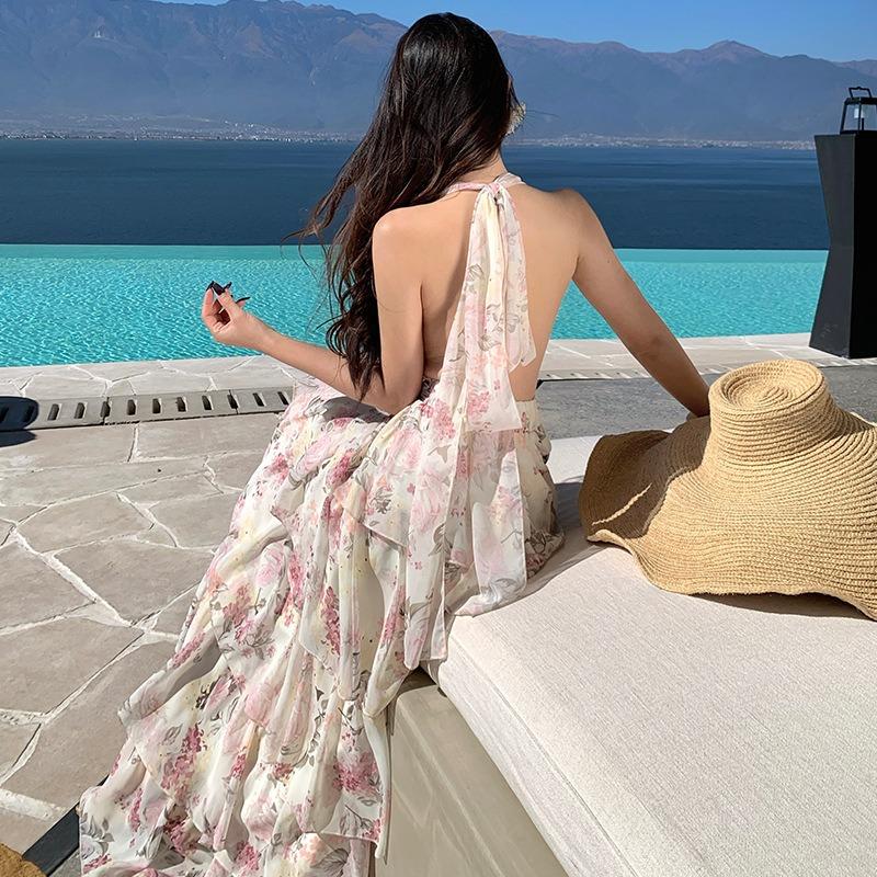 

French Seaside Vacation Printed Neck Chiffon Cake Long Dress Women s Collar Waist Thin Dress Xia Xin S