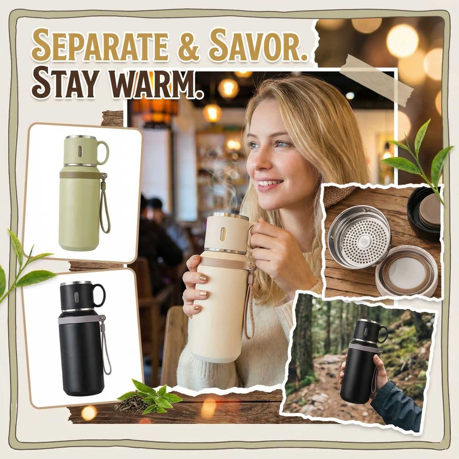 

Термокружка с отделением для чая и воды, ручная кружка для воды из нержавеющей стали One Size чёрный