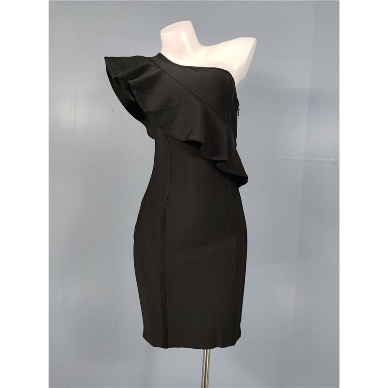 

Export Single Bandage Fabric Design Three-Dimensional Ruffles Sloping Shoulder Dress Fashion Sexy Small Man Hip-Wrapped Dress Black XL