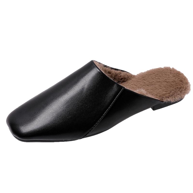 Fashion Retro Square Soft Wool Slippers Women Fall and Winter Solid Color Fashion Joker Leisure Plush Lazy Flat-bottomed Baotou Slippers