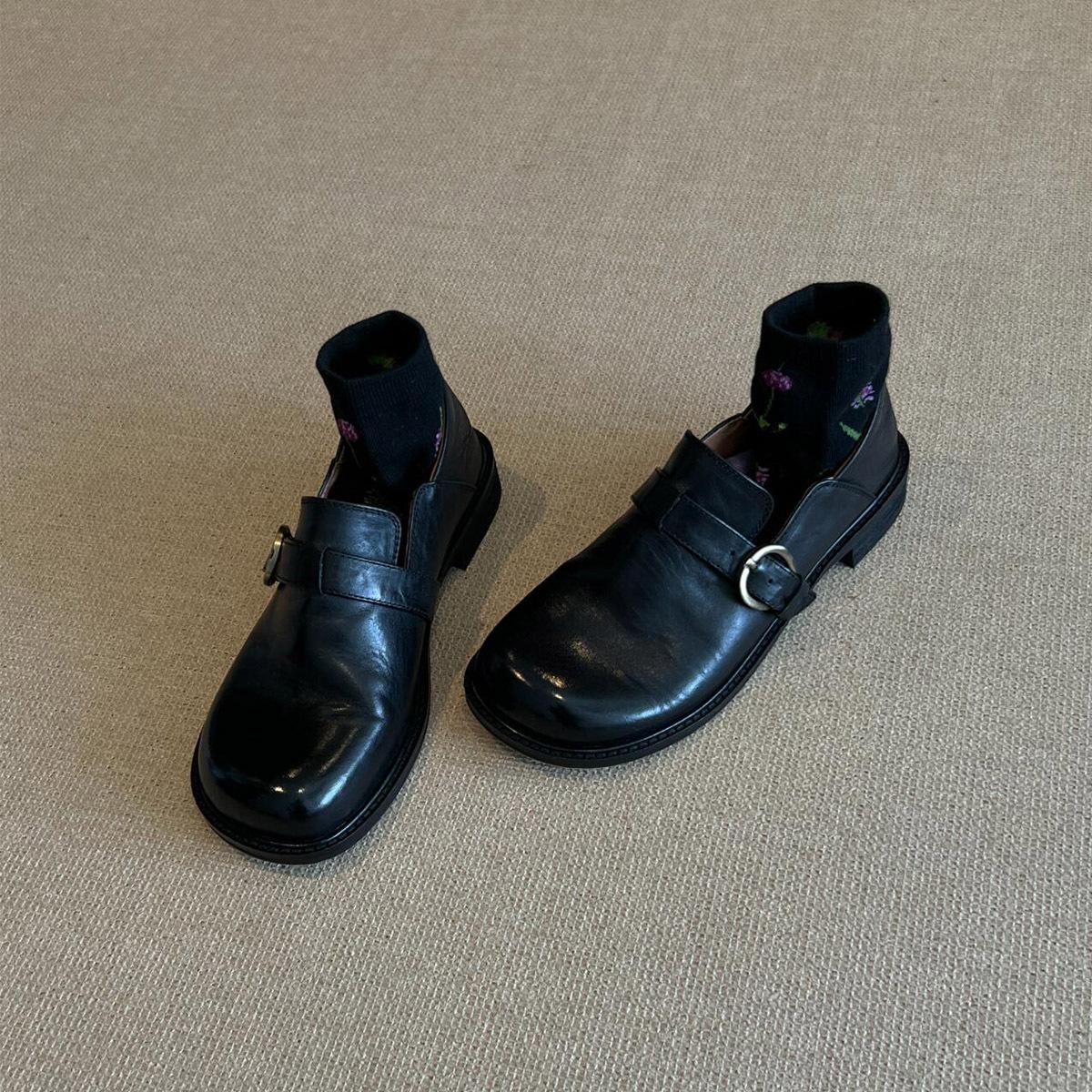 

Версия из овчины~ натуральная кожа полированные ретро универсальные маленькие кожаные туфли женские в британском стиле одинарные туфли пряжка-ремень лоферы на одном педале 40