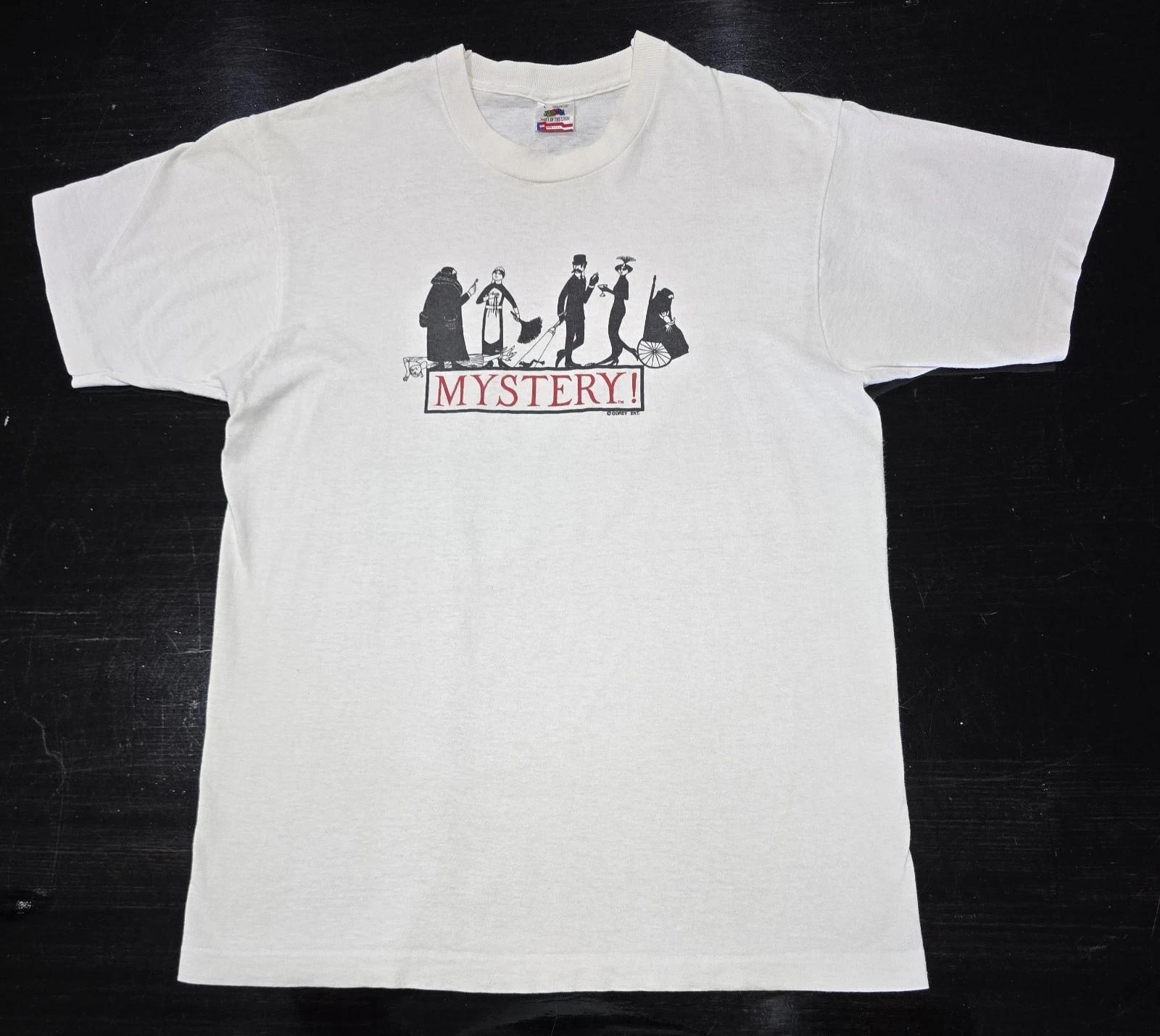 

Vintage 90s Edward Gorey Mystery 100% Cotton T-shirt Mens Tees Top Mens Sz L TV Promo White Single Stitch S