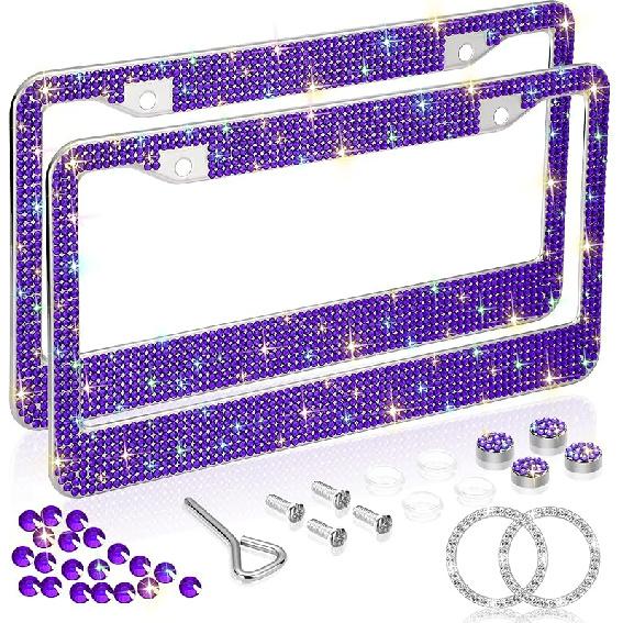 Bling License Plate Frames for Women 2 Pack, Rhinestone Crystal License Plate Cover with Bolts Washer Caps Univerasl Bling Car Accessories for Girls
