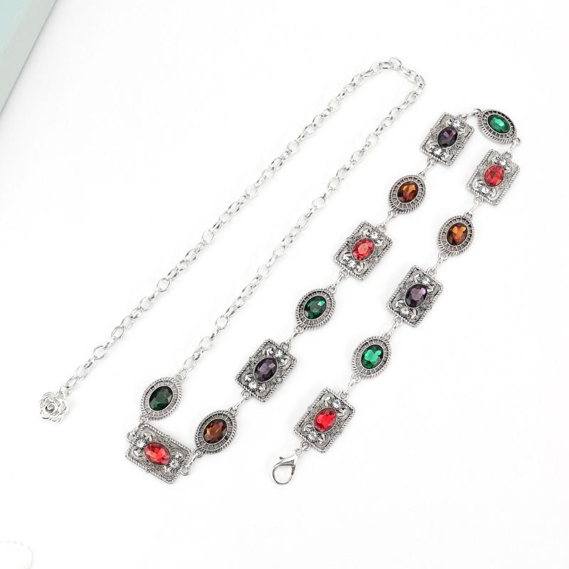 Mary Waist Chain Accessories Dress Gold Silver Metal Oval Carved Chain Rhinestone Belt Women's Multi-hoop Design
