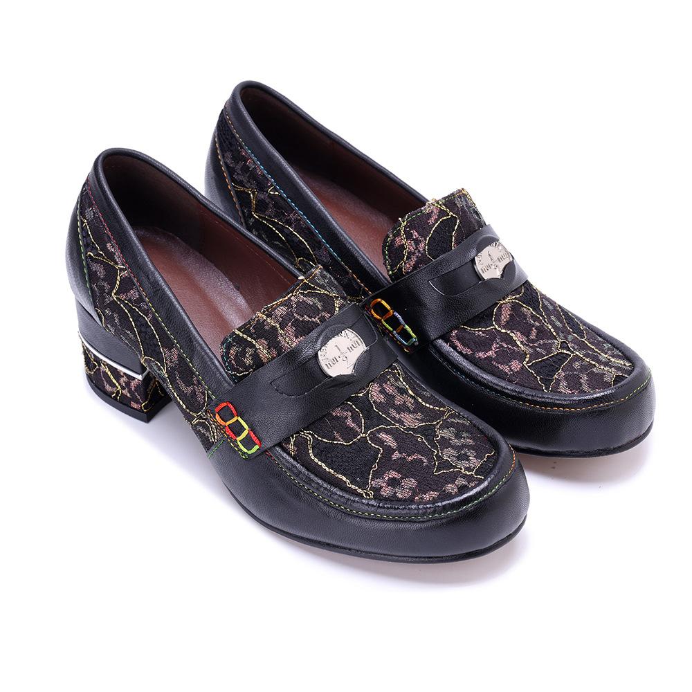 Johnature Ručně vyráběné lodičky z pravé kůže, retro prošívání, pohodlné mokasíny, silný podpatek, dámské boty