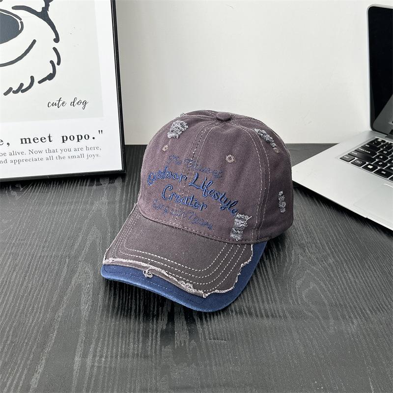 New Ripped Hole Wash Letter Embroidery Contrasting Color Design Baseball Hat Women's Outdoor Casual Soft Top Korean Embroidery Hat