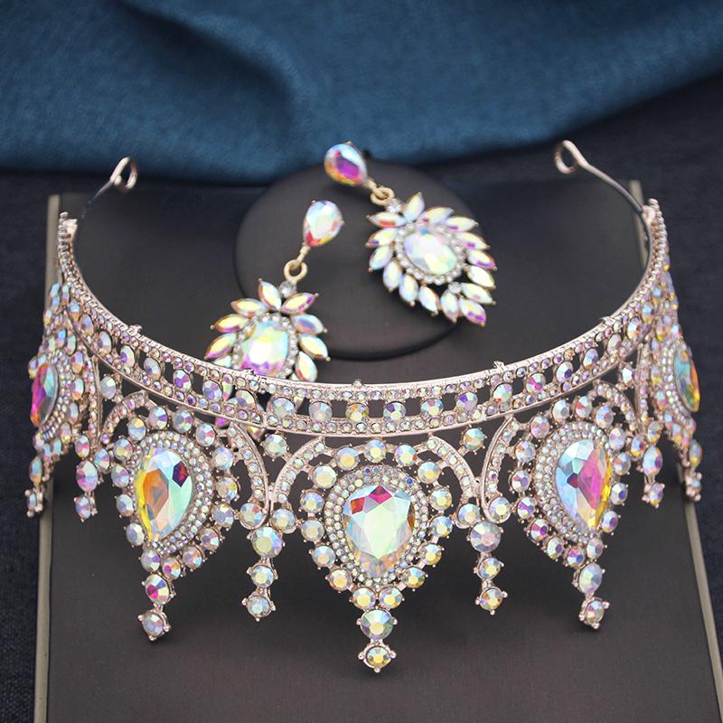 Vintage Baroque Princess Crown and Earrings Set for Women Prom Bridal Wedding Tiara Jewelry Headwear Bride