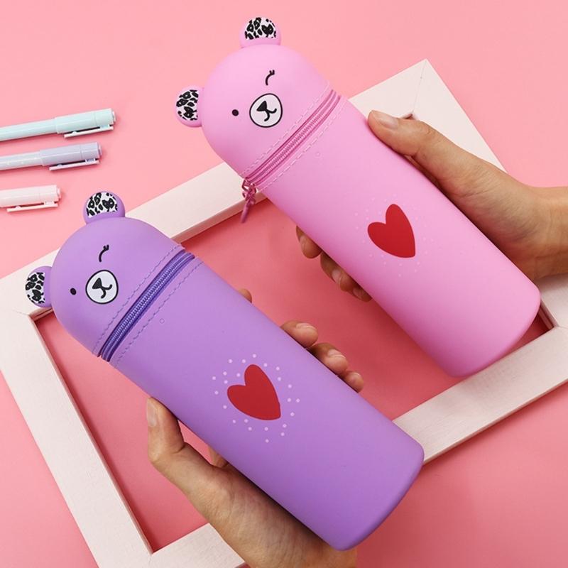 Cartoon Bear Pen Bag Large Compartment Zippered Silicone Pencil Case Standing Up Pen Holder Pencil Bag Gift for Student