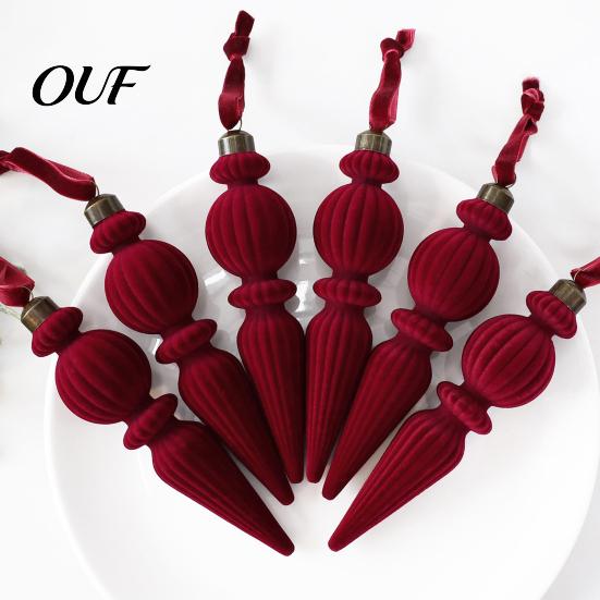 Burgundy Red Dark Green Brown Ornaments 6Pcs Christmas Flocked Pendant with Lanyard, Creative Tree Hanging, Non Shedding Retro Icicle Shape