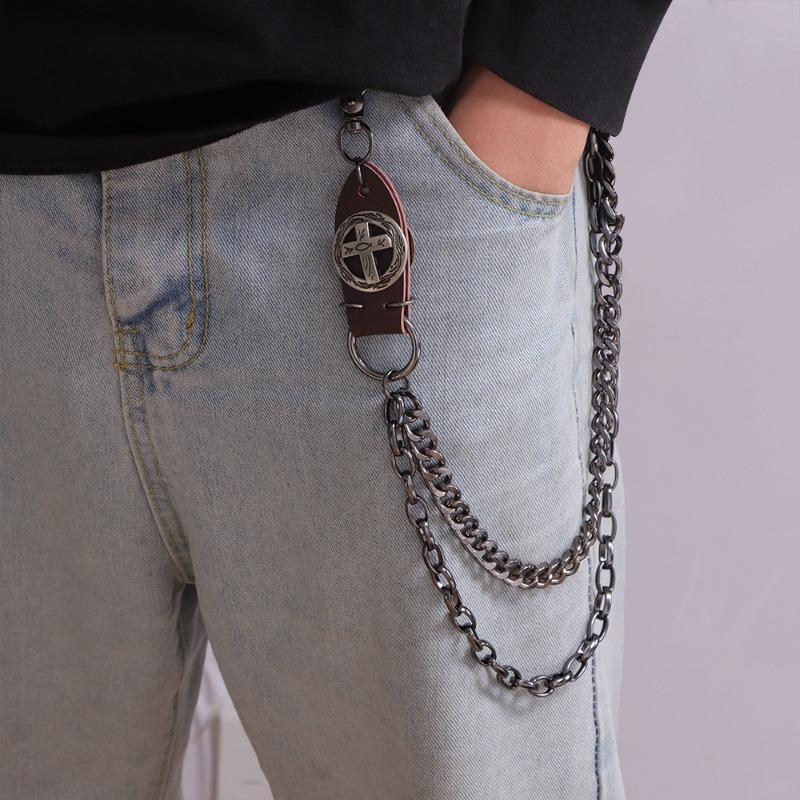 European and American punk style versatile metal jeans accessories waist chain, retro cowhide cross trendy men's and women's hip-hop trousers chain