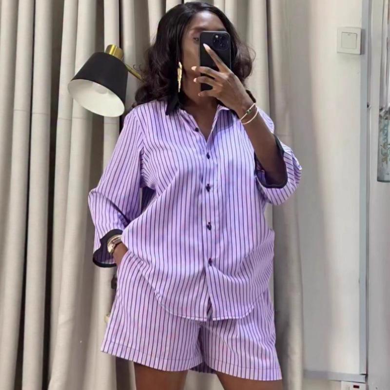 

European & American Women s Color Block Cardigan & Striped Shirt with African Stylish Plus Size Trousers Two-Piece Set XXL фиолетовый