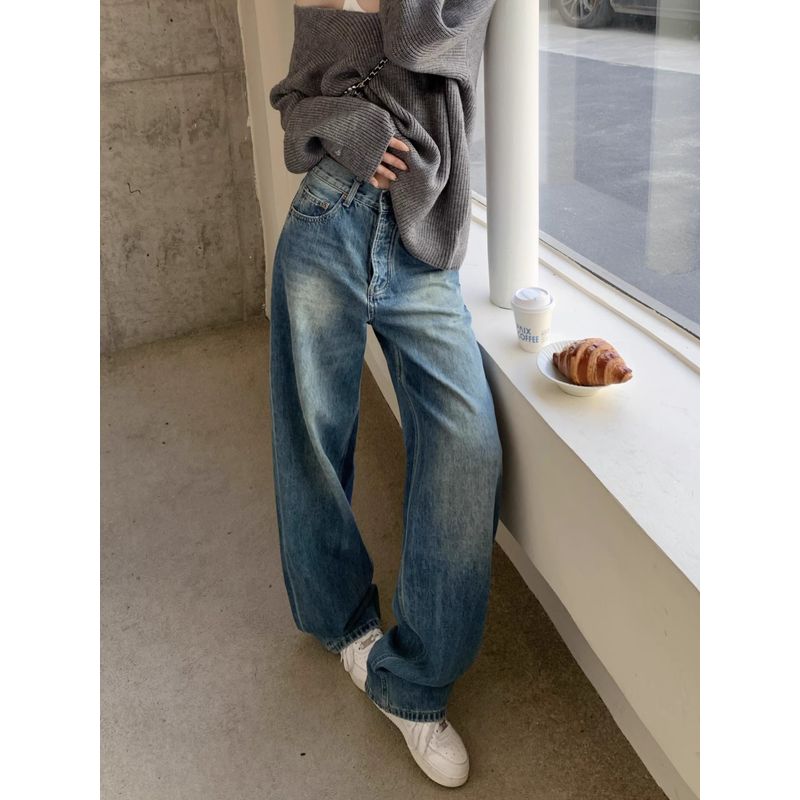 Kumikumi American Retro Washed Wide-Leg Jeans Women's Clothing Fall Loose Slimming and All-Matching Straight-Leg Pants Pants