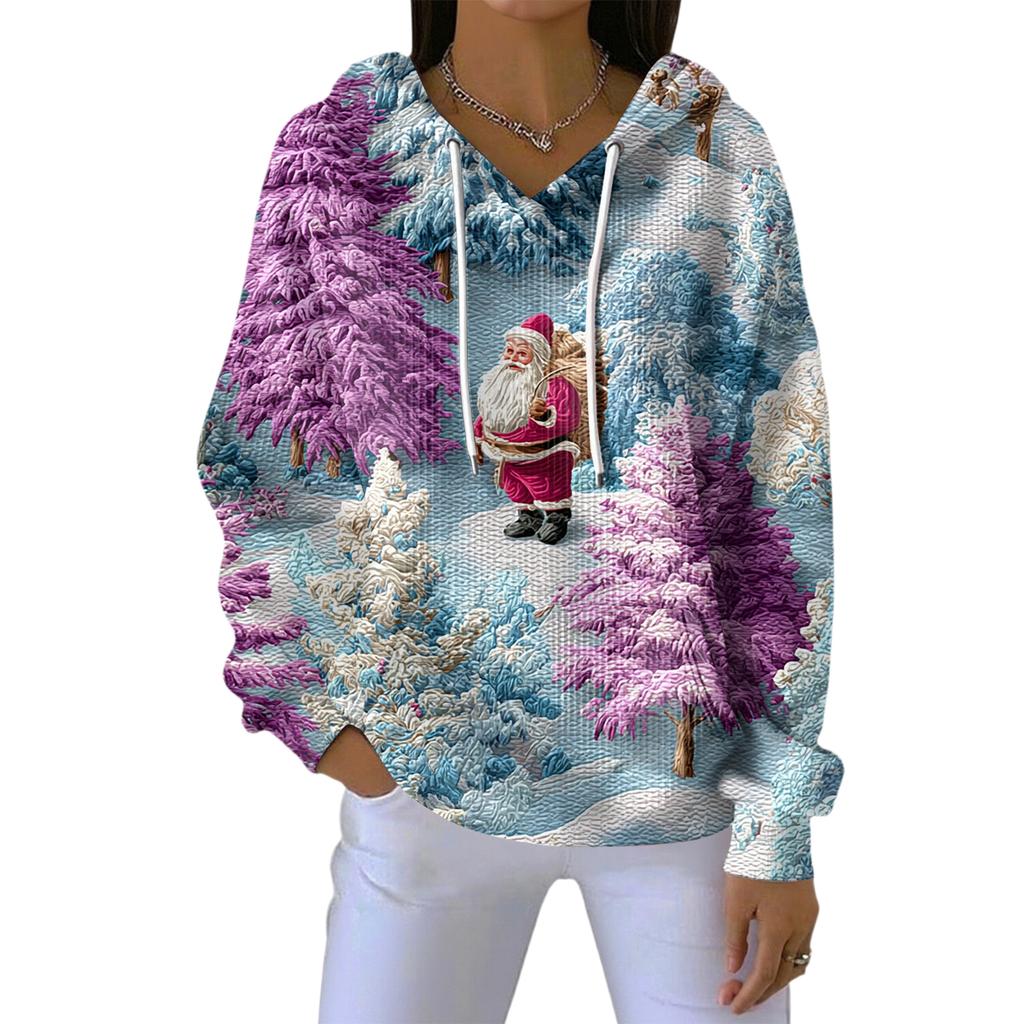 Dame Løs Komfortabel Casual Mote V-Hals Juleprint Langermet Hettegenser