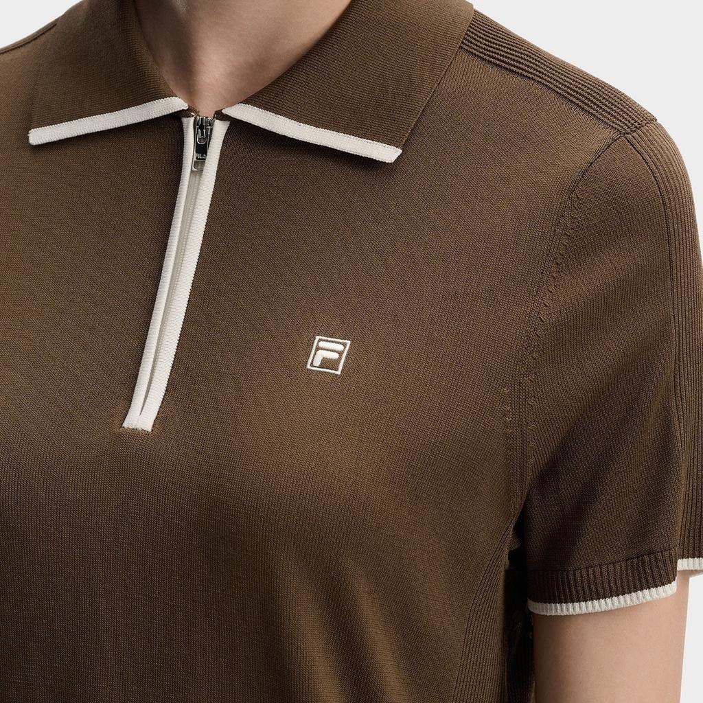 FILA White Fashion Simple Classic Retro Casual Versatile Comfortable Half-Zip Knitted Short Sleeve Sweater Women tops Valley-Brown F11W613406FBN